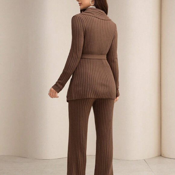 Camel Casual Women's Tie-Up Long Sleeve Knitted Cardigan And Knitted Pants Set - Picture 2 of 8